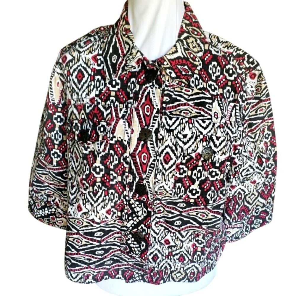 Ruby Rd Petite 16P Ikat Tribal Print Cotton Button‎ Front 3/4 Sleeve Jacket Red